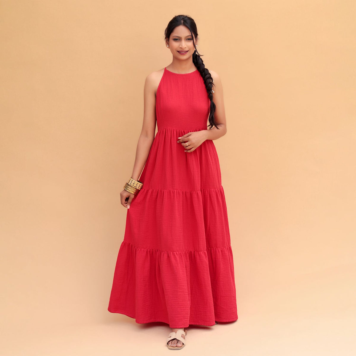 Aromasia Noor Halter Neck Tiered Dress - Handcrafted Garment
