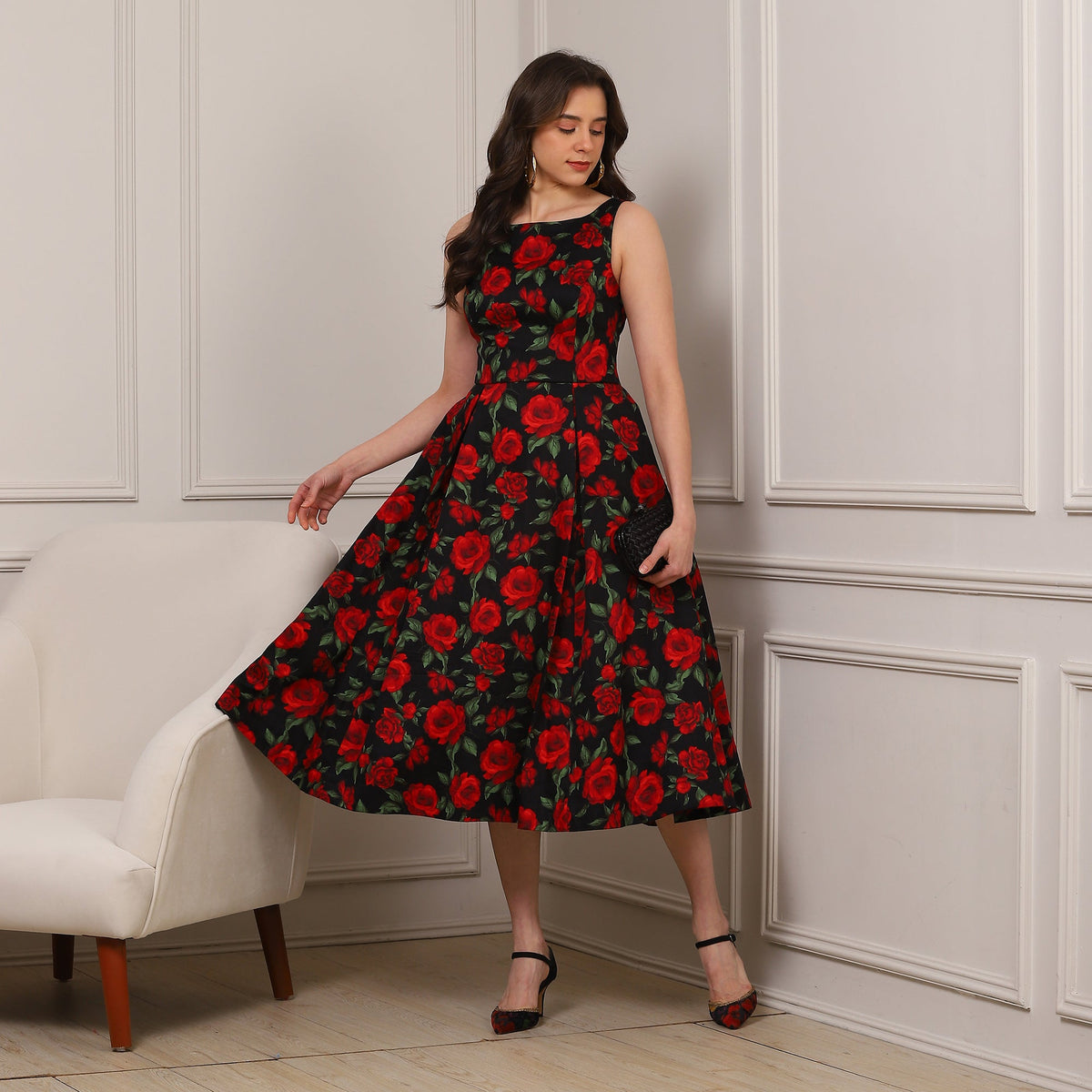 Aromasia Noir Rose Midi Dress - Handcrafted Garment