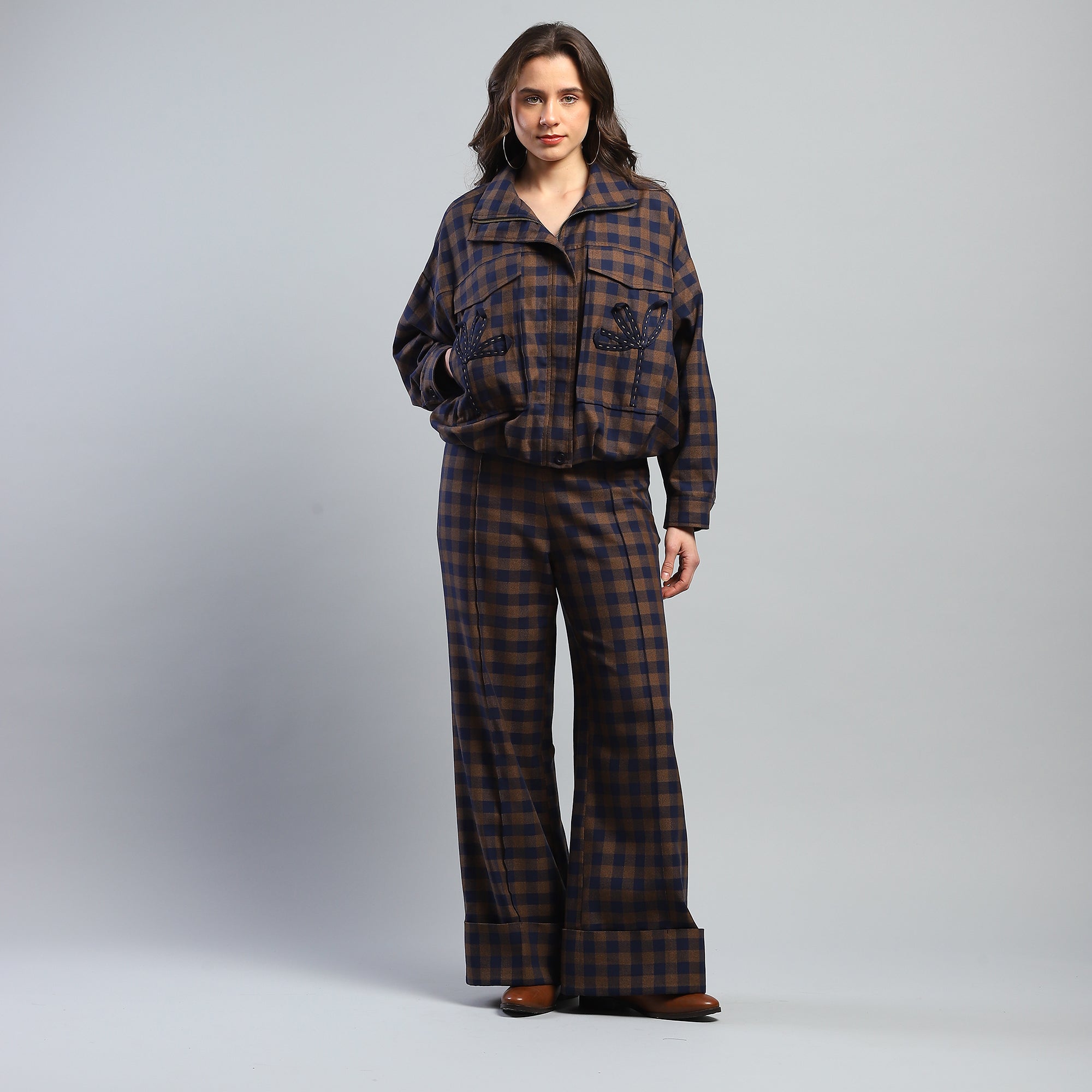 Yara Check Wide-Leg Trousers