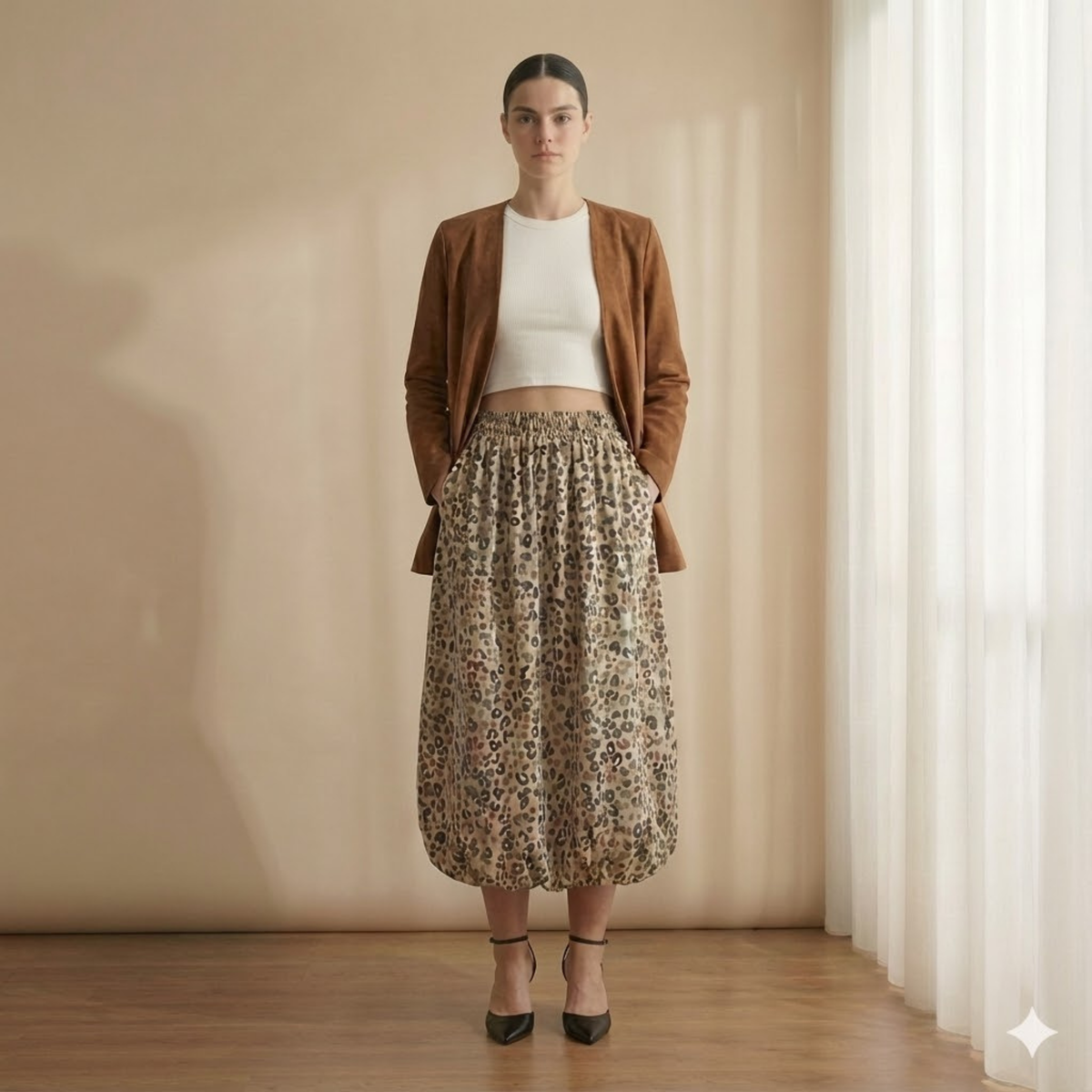Woman wearing a brown cardigan, white top, and patterned skirt in a room with a neutral wall and wooden floor.