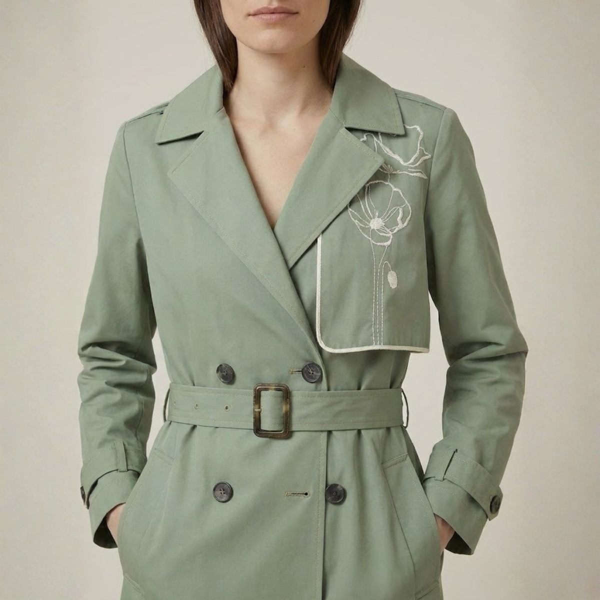 Green trench coat with floral embroidery on a neutral background